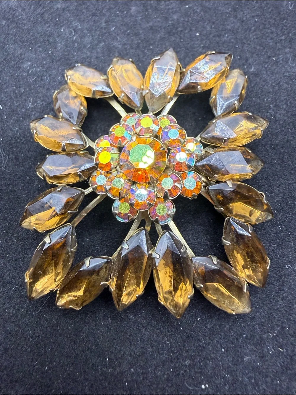 Vintage Amber Rhinestone Aurora Borealis Starburst Brooch